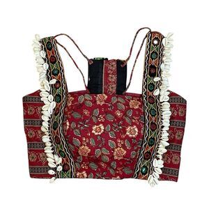 Navratri Special Maroon Floral Print Shell Trim Crop Top OS